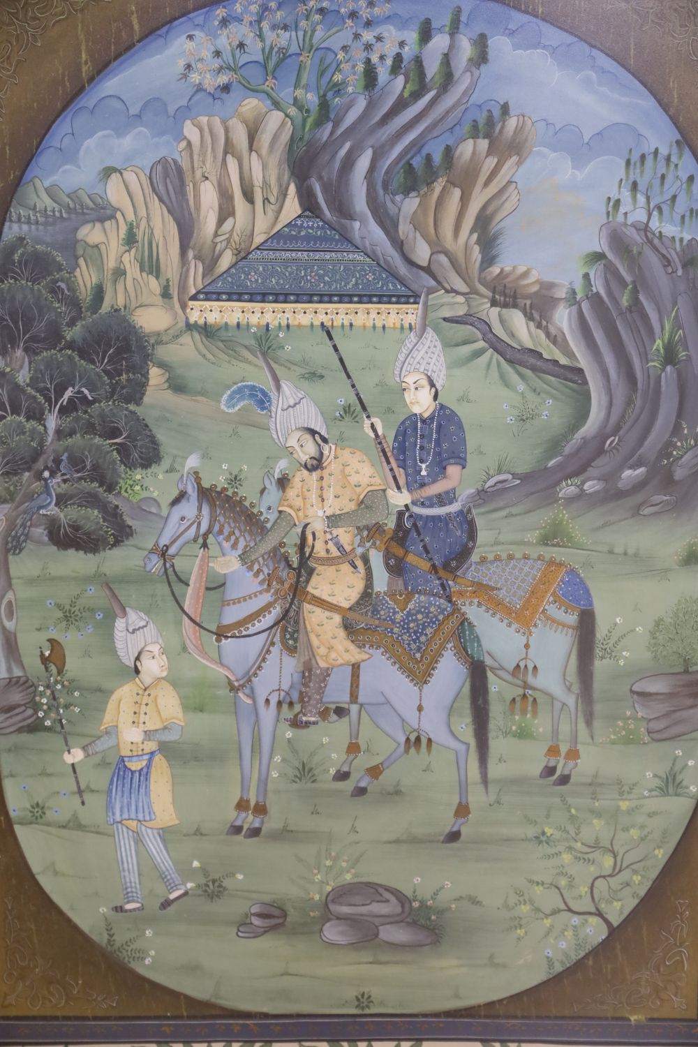 Indian School, gouache on fabric, Nobleman in a landscape, 96 x 73cm